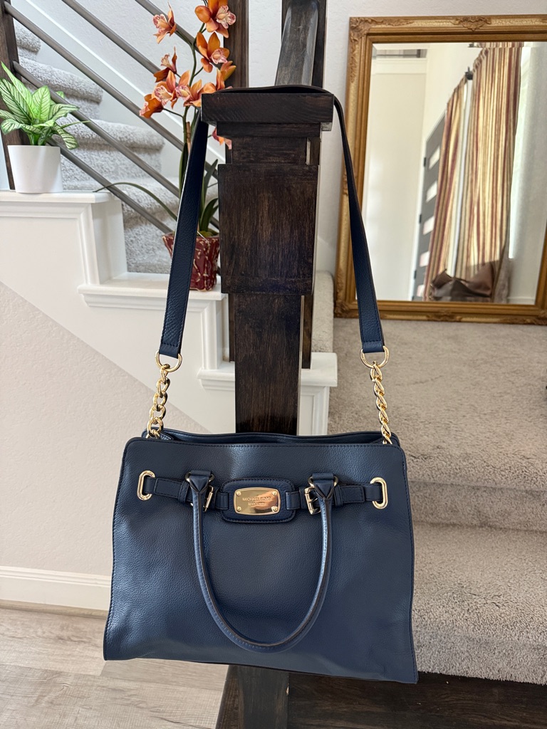 Michael Kors Navy Leather Shoulder Bag With Gold-Tone Accents